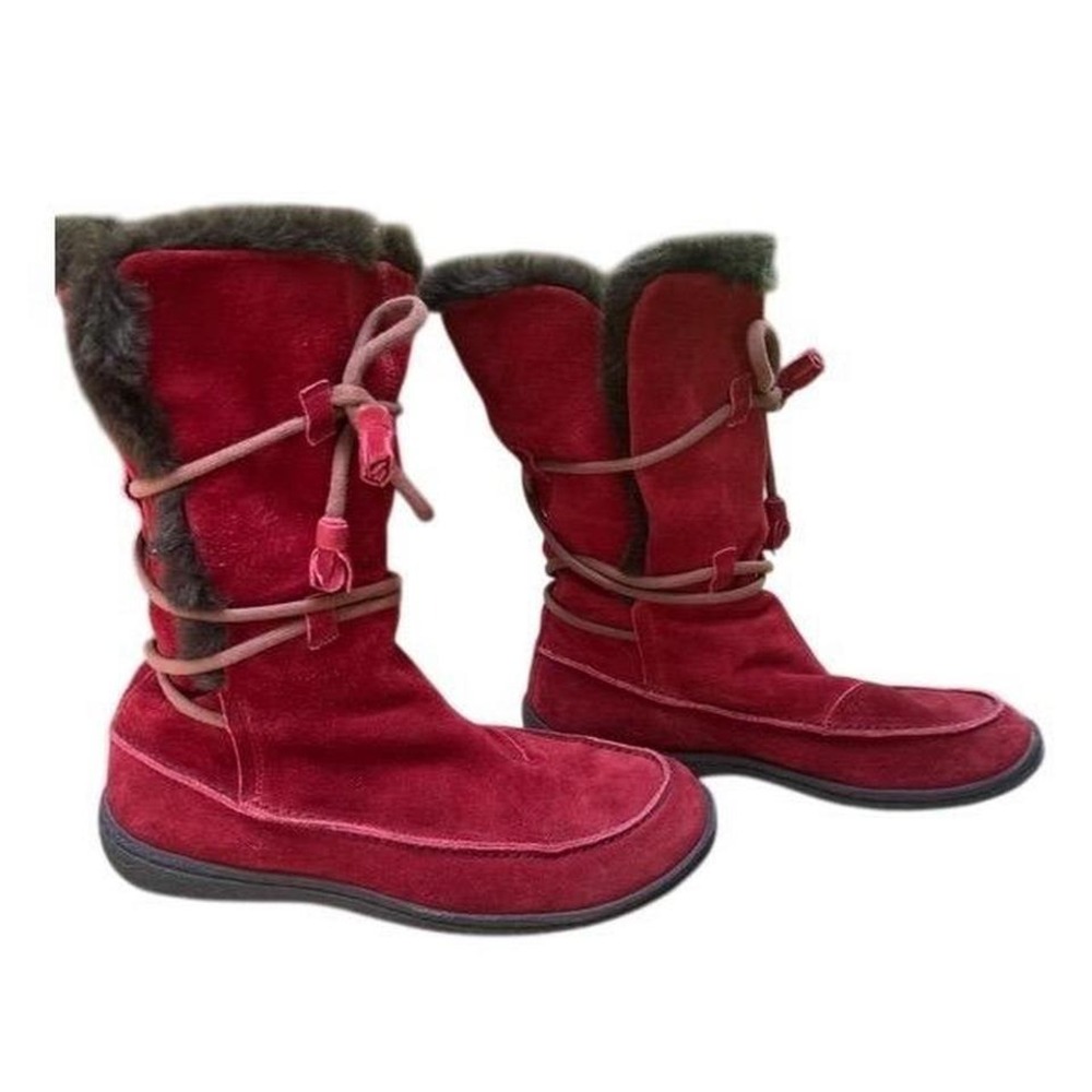 Camper Red Suede Fur Trimmed Winter Boots Women's Size 39 Tall Lace Up